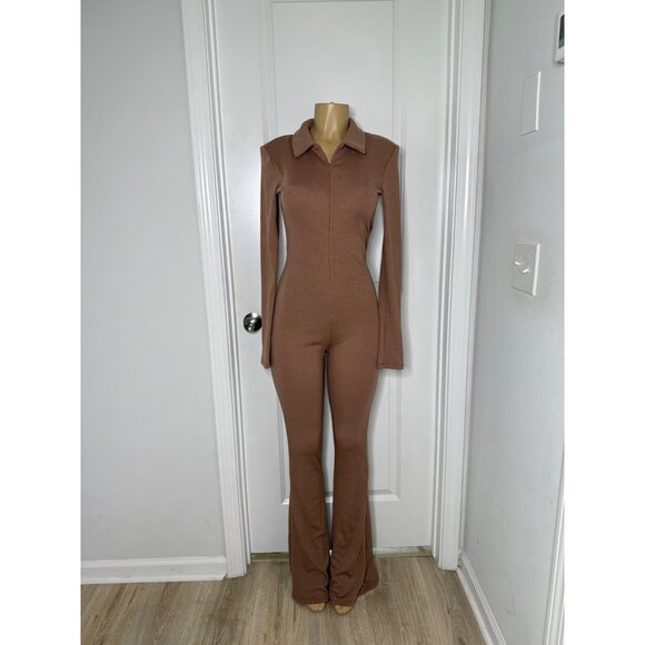 Fashion Nova Womens Ribbed Long Sleeve Zippered Collared Brown Jumpsuit M - Picture 1 of 5